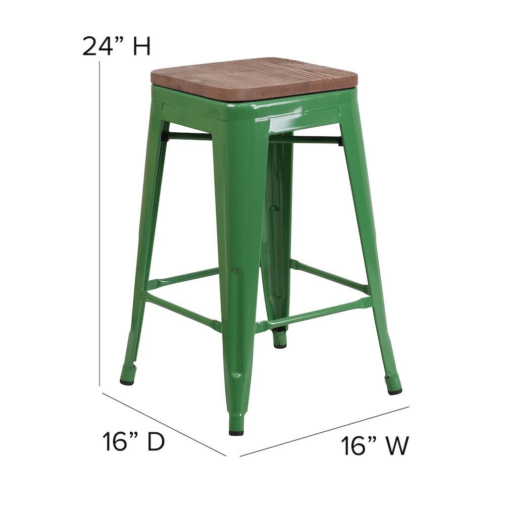 24" High Backless Green Metal Counter Height Stool with Square Wood Seat. Picture 5