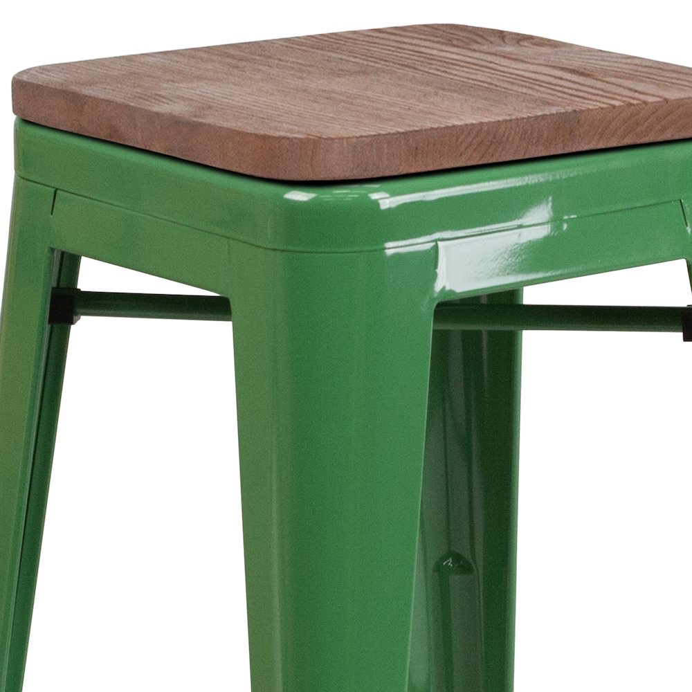 24" High Backless Green Metal Counter Height Stool with Square Wood Seat. Picture 9