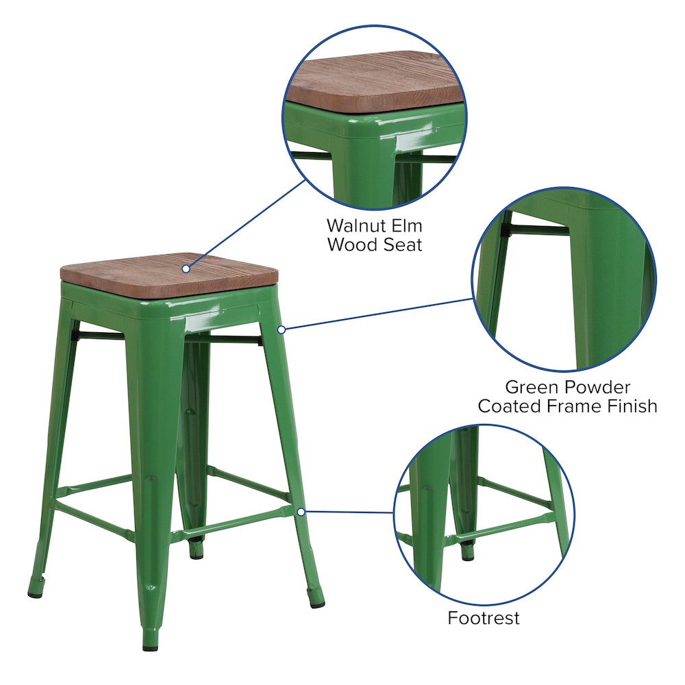 24" High Backless Green Metal Counter Height Stool with Square Wood Seat. Picture 4