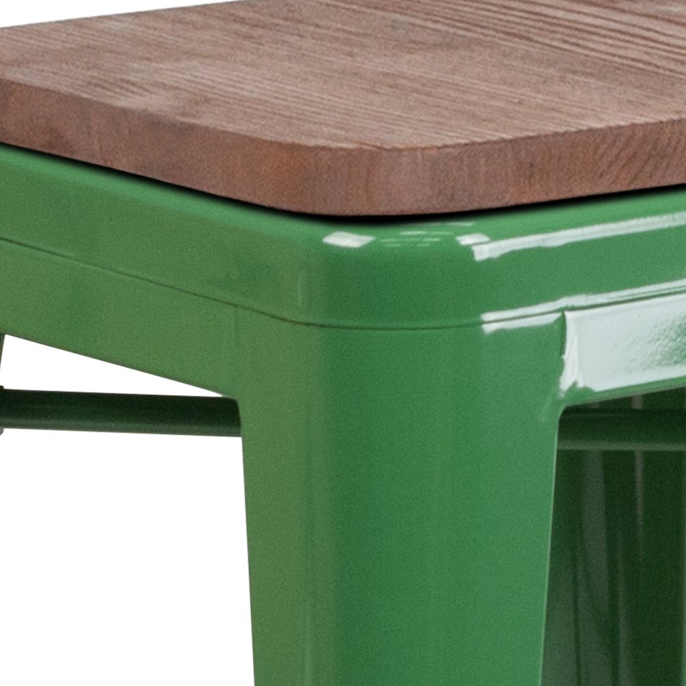 24" High Backless Green Metal Counter Height Stool with Square Wood Seat. Picture 7