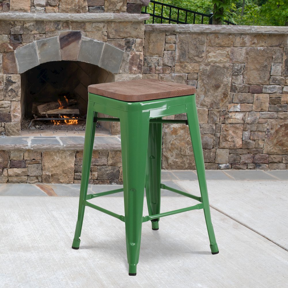 24" High Backless Green Metal Counter Height Stool with Square Wood Seat. Picture 2
