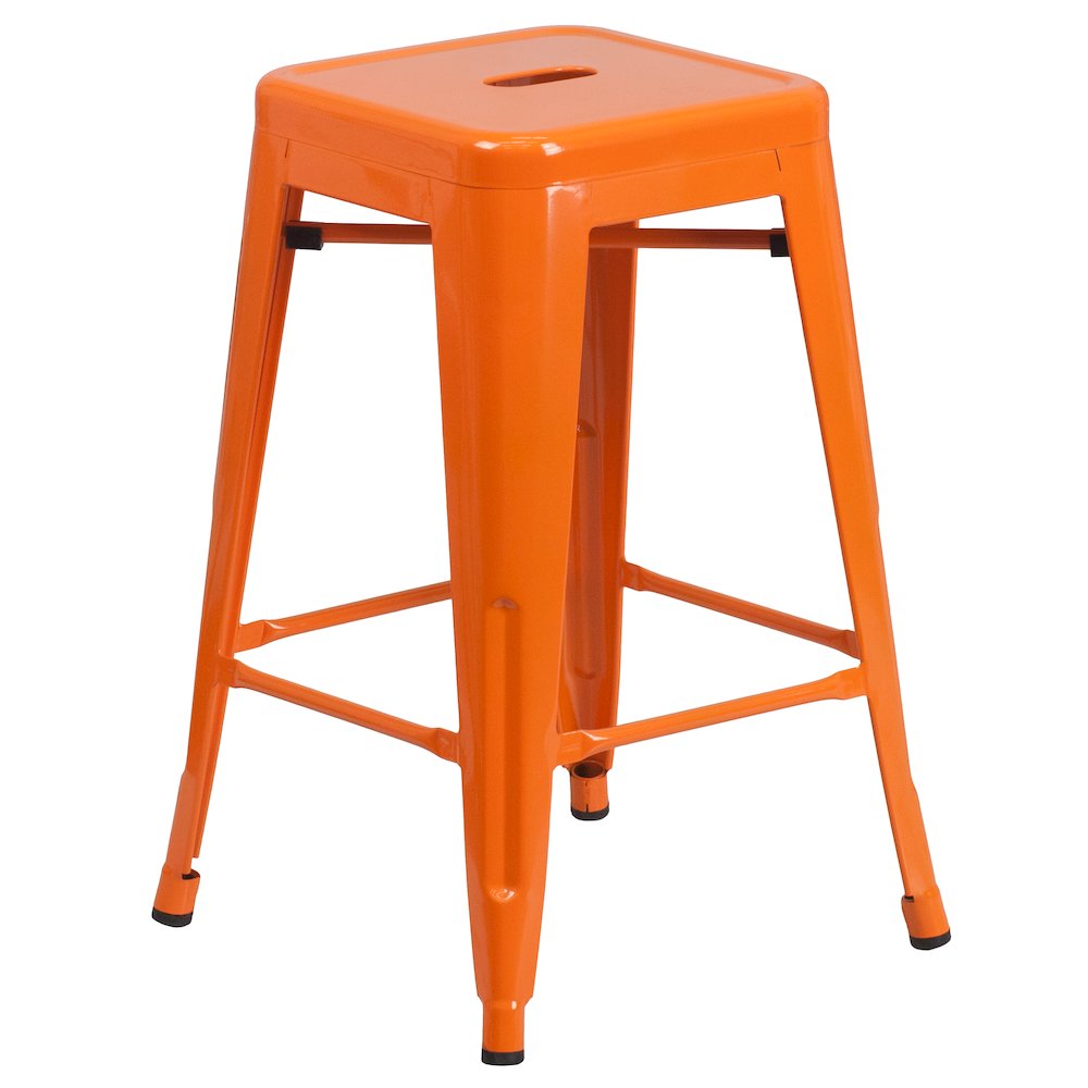 24" High Backless Orange Metal Indoor-Outdoor Counter Height Stool with Seat. Picture 1