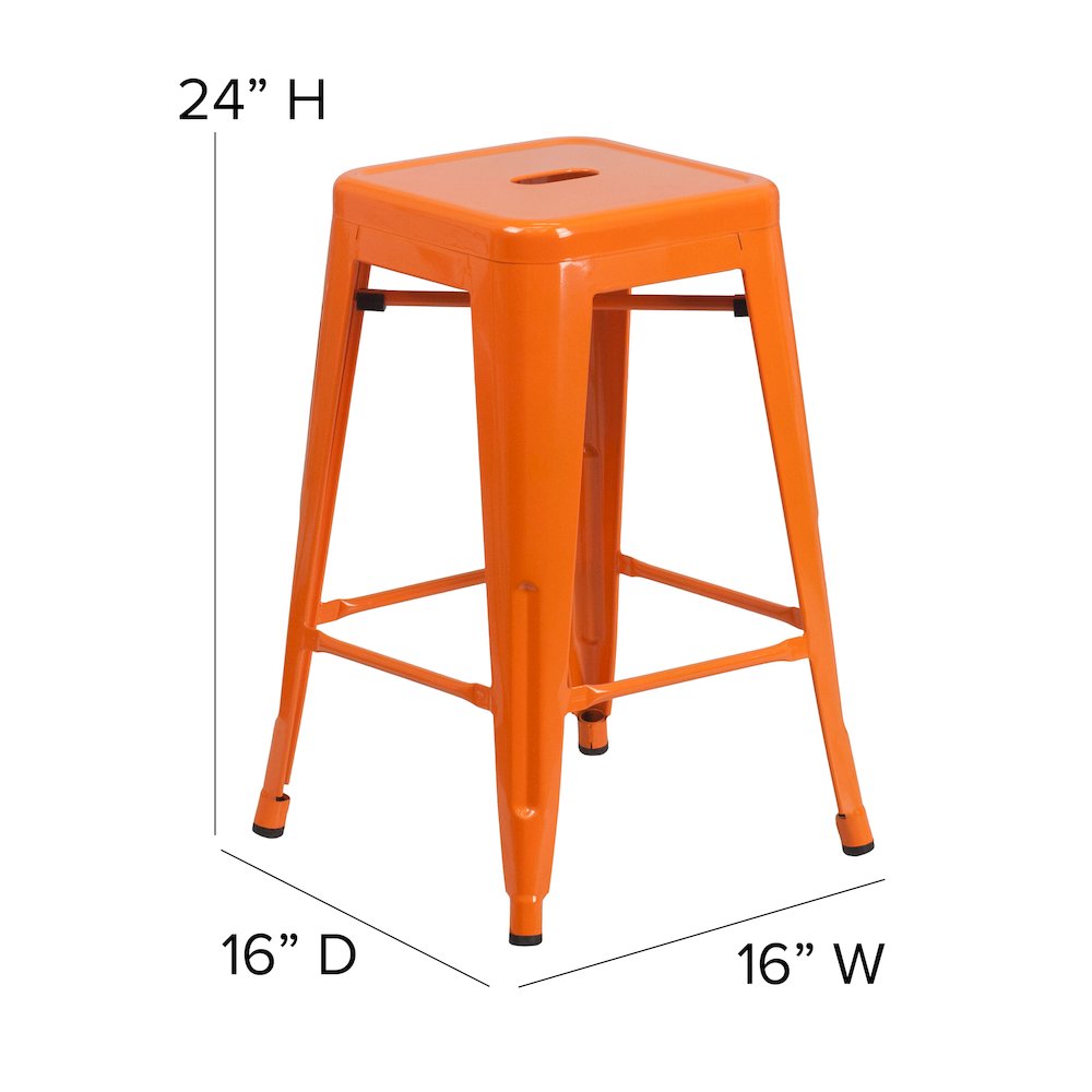 24" High Backless Orange Metal Indoor-Outdoor Counter Height Stool with Seat. Picture 6