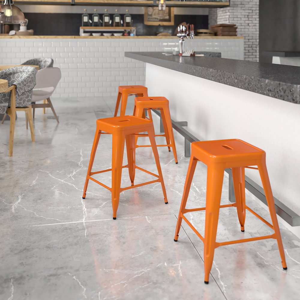 24" High Backless Orange Metal Indoor-Outdoor Counter Height Stool with Seat. Picture 2