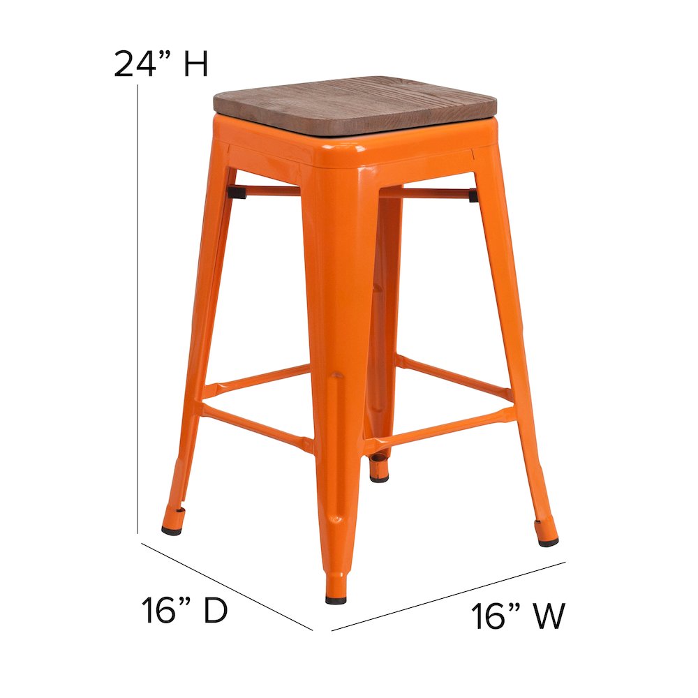 24" High Backless Orange Metal Counter Height Stool with Square Wood Seat. Picture 5