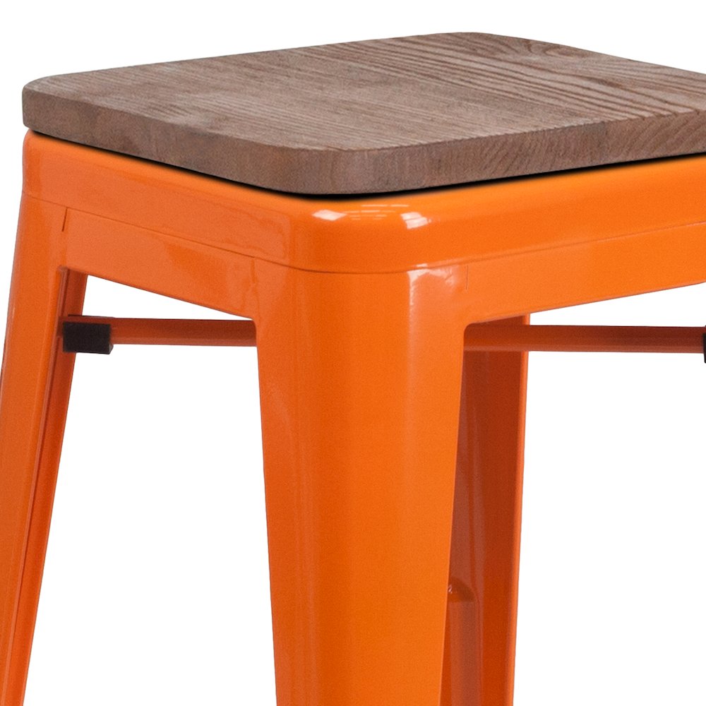 24" High Backless Orange Metal Counter Height Stool with Square Wood Seat. Picture 9