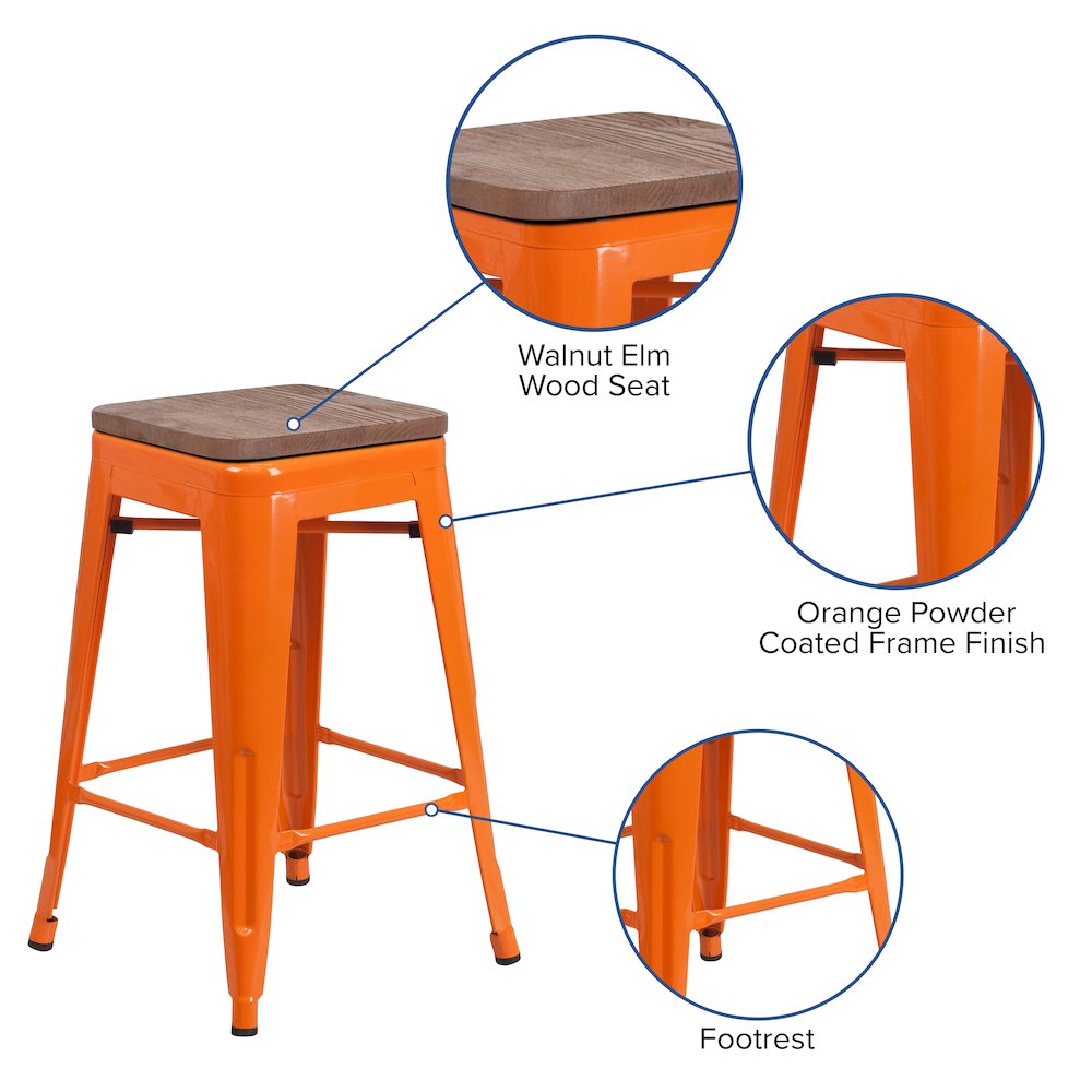 24" High Backless Orange Metal Counter Height Stool with Square Wood Seat. Picture 4