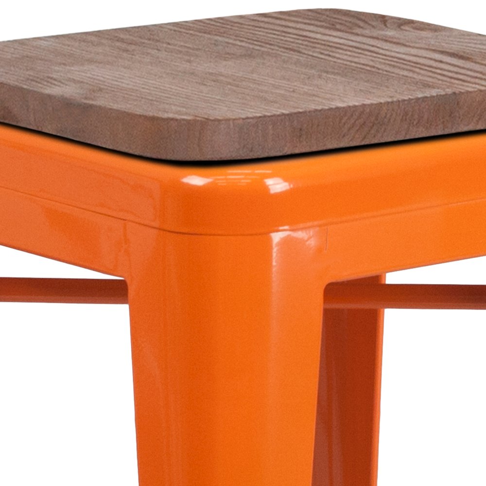 24" High Backless Orange Metal Counter Height Stool with Square Wood Seat. Picture 7