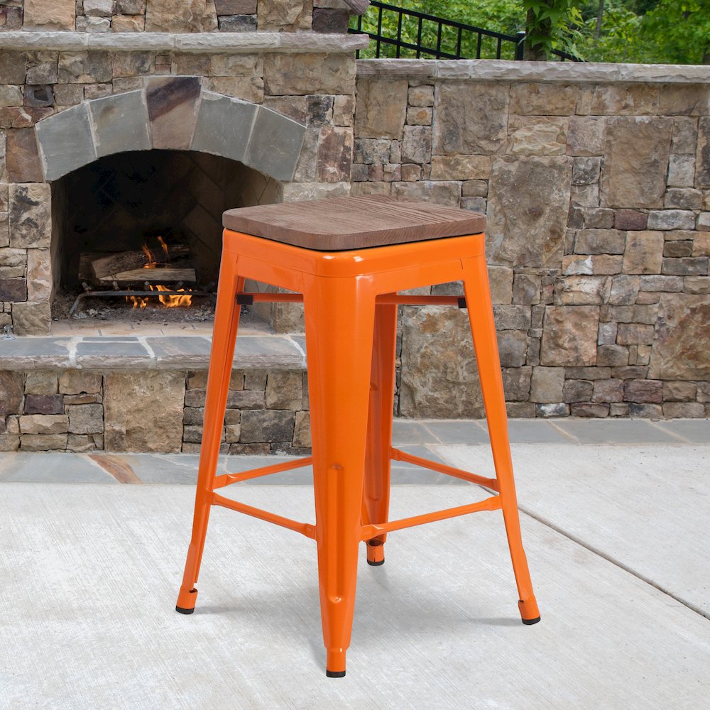 24" High Backless Orange Metal Counter Height Stool with Square Wood Seat. Picture 2
