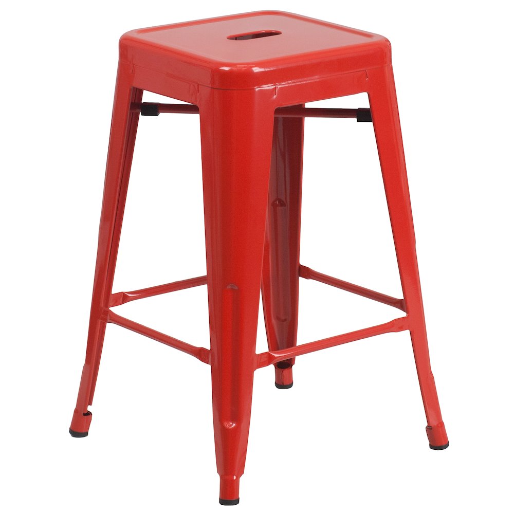 24" High Backless Red Metal Indoor-Outdoor Counter Height Stool with Square Seat. Picture 1