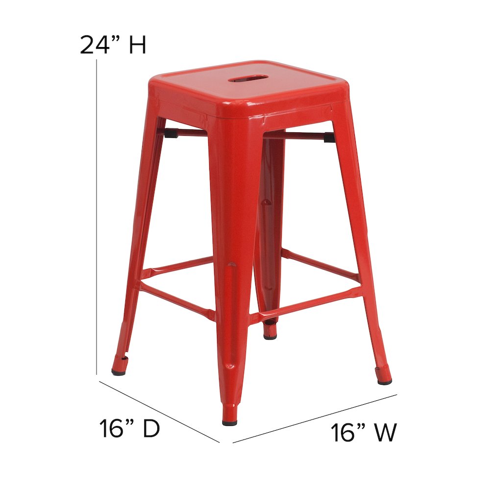 24" High Backless Red Metal Indoor-Outdoor Counter Height Stool with Square Seat. Picture 6