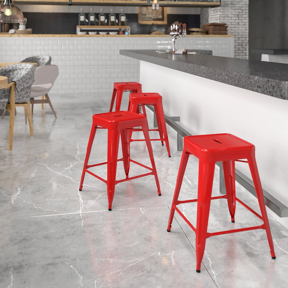 24" High Backless Red Metal Indoor-Outdoor Counter Height Stool with Square Seat. Picture 2