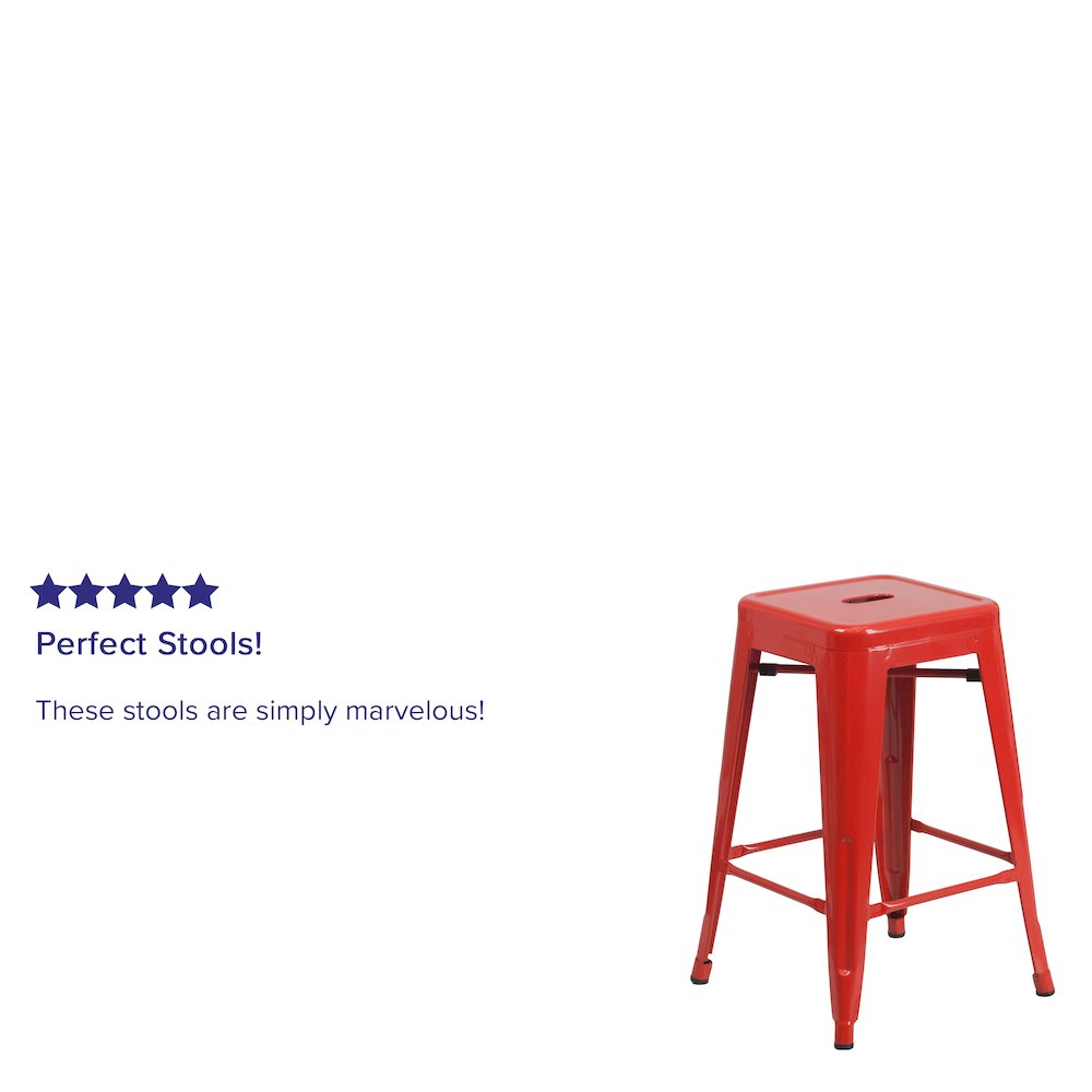 24" High Backless Red Metal Indoor-Outdoor Counter Height Stool with Square Seat. Picture 4