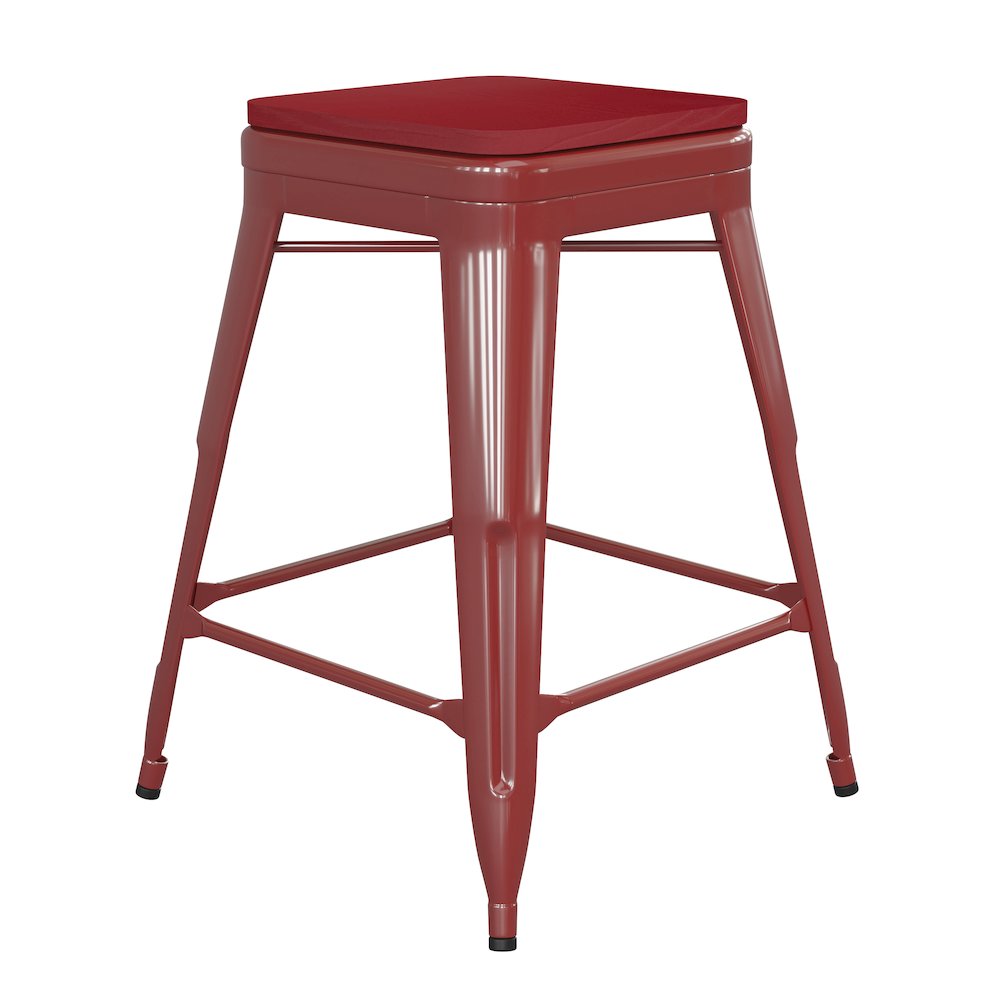 24" High Red Metal Indoor-Counter Height Stool with Red Poly Resin Wood Seat. Picture 1