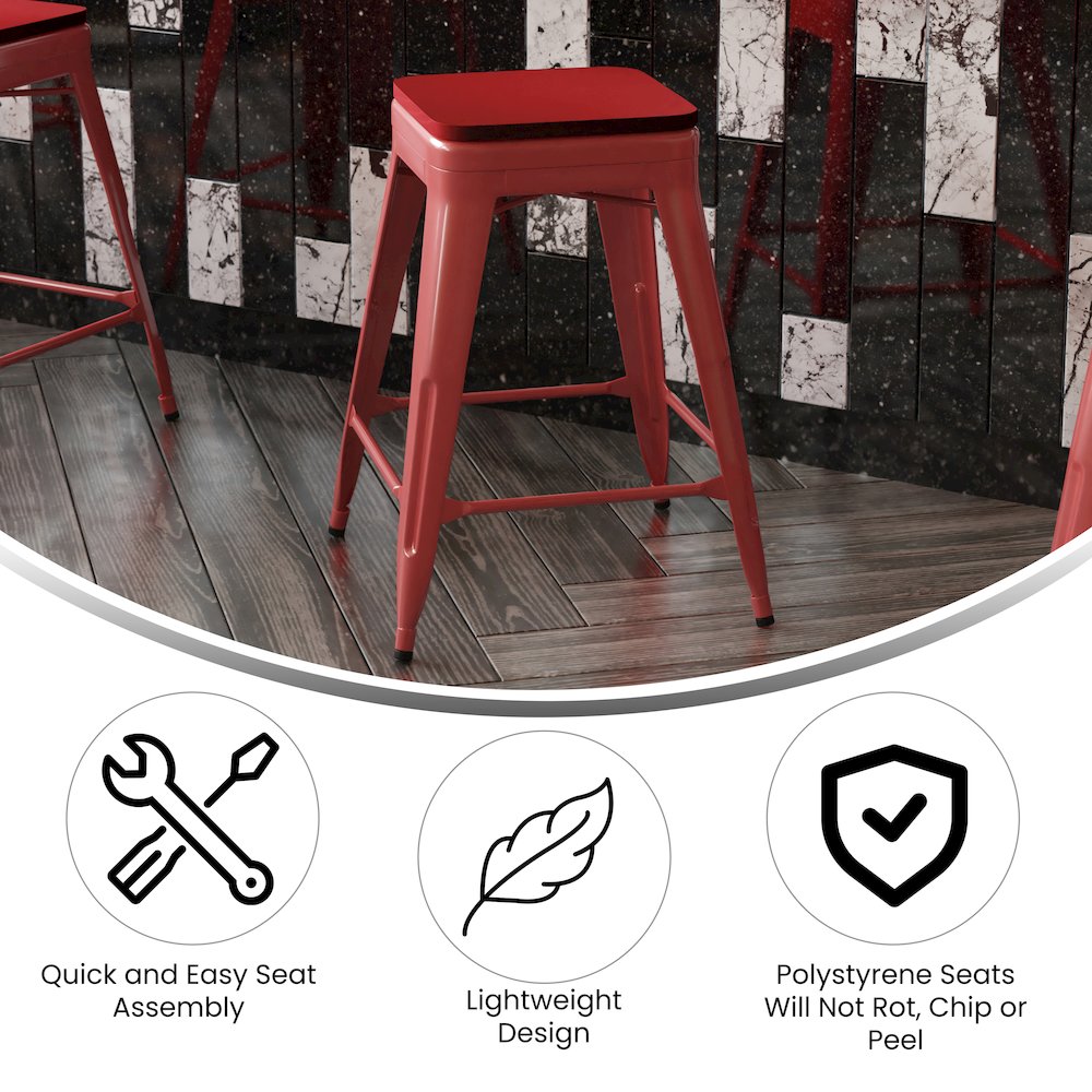 24" High Red Metal Indoor-Counter Height Stool with Red Poly Resin Wood Seat. Picture 4