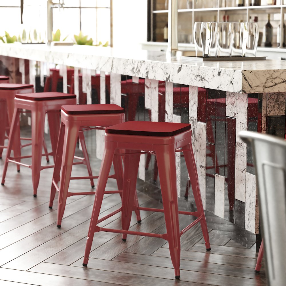 24" High Red Metal Indoor-Counter Height Stool with Red Poly Resin Wood Seat. Picture 2