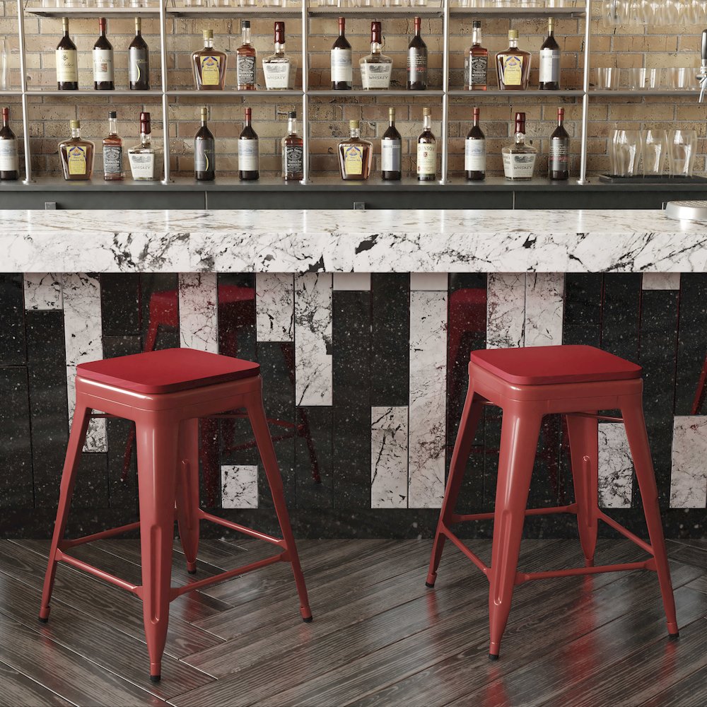 24" High Red Metal Indoor-Counter Height Stool with Red Poly Resin Wood Seat. Picture 7