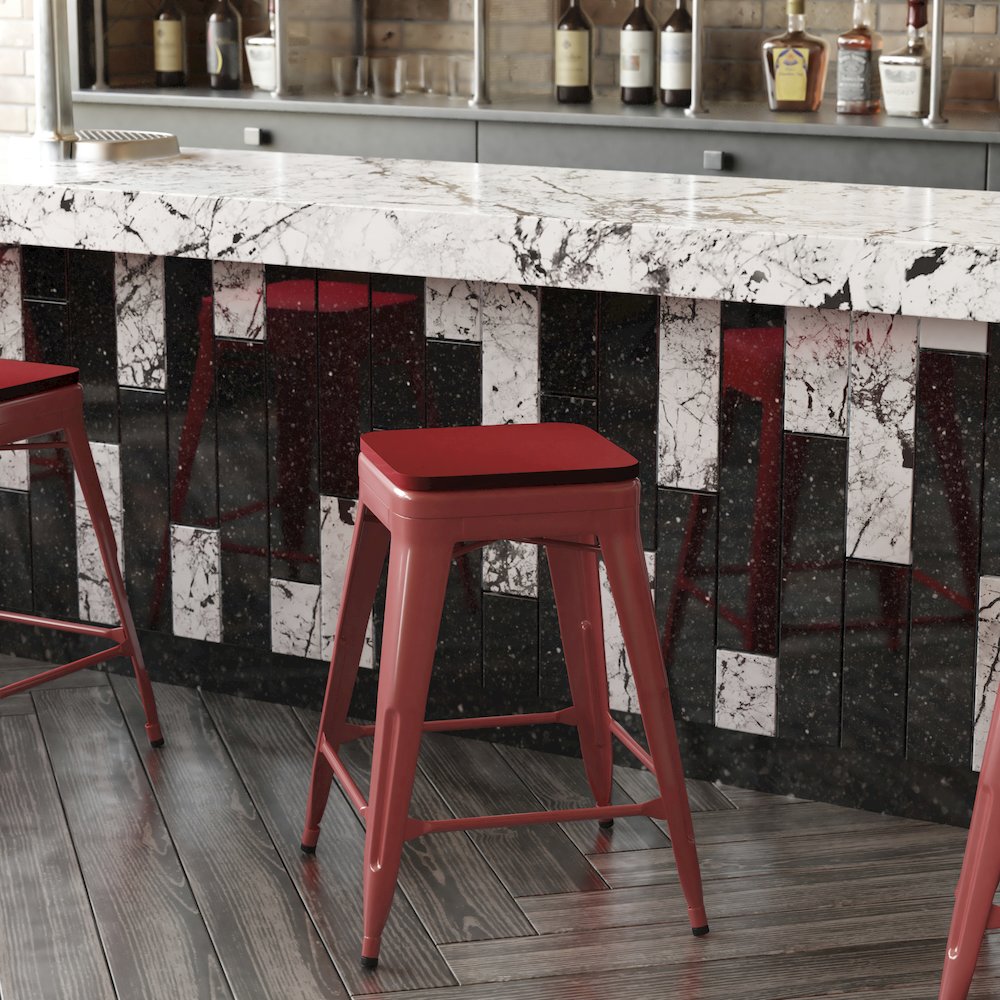 24" High Red Metal Indoor-Counter Height Stool with Red Poly Resin Wood Seat. Picture 8