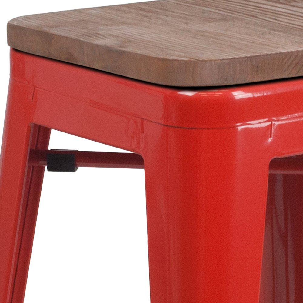24" High Backless Red Metal Counter Height Stool with Square Wood Seat. Picture 4
