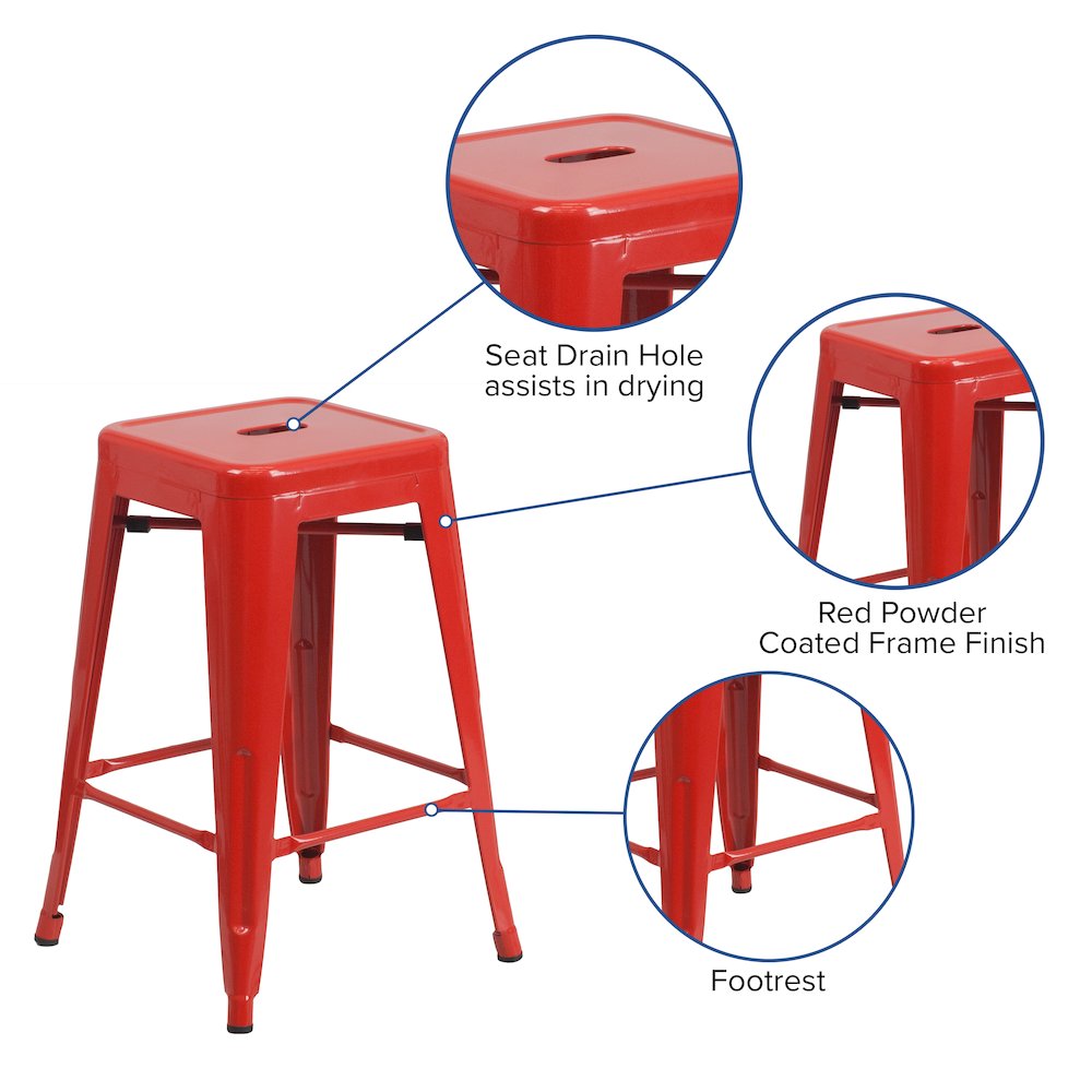24" High Backless Red Metal Counter Height Stool with Square Wood Seat. Picture 4
