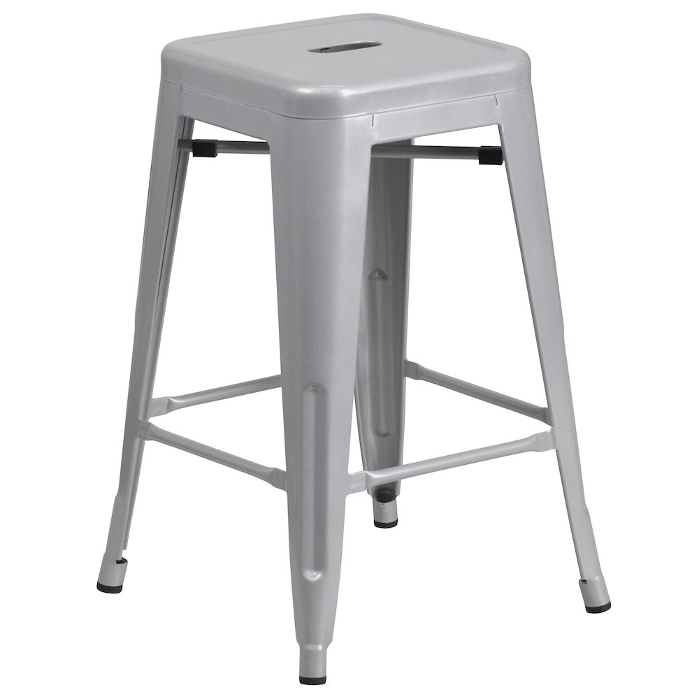 24" High Backless Silver Metal Indoor-Outdoor Counter Height Stool with Seat. Picture 1