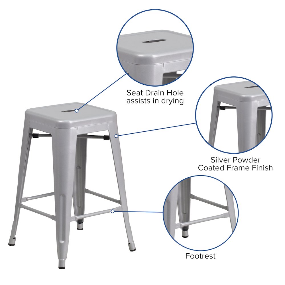 24" High Backless Silver Metal Indoor-Outdoor Counter Height Stool with Seat. Picture 5