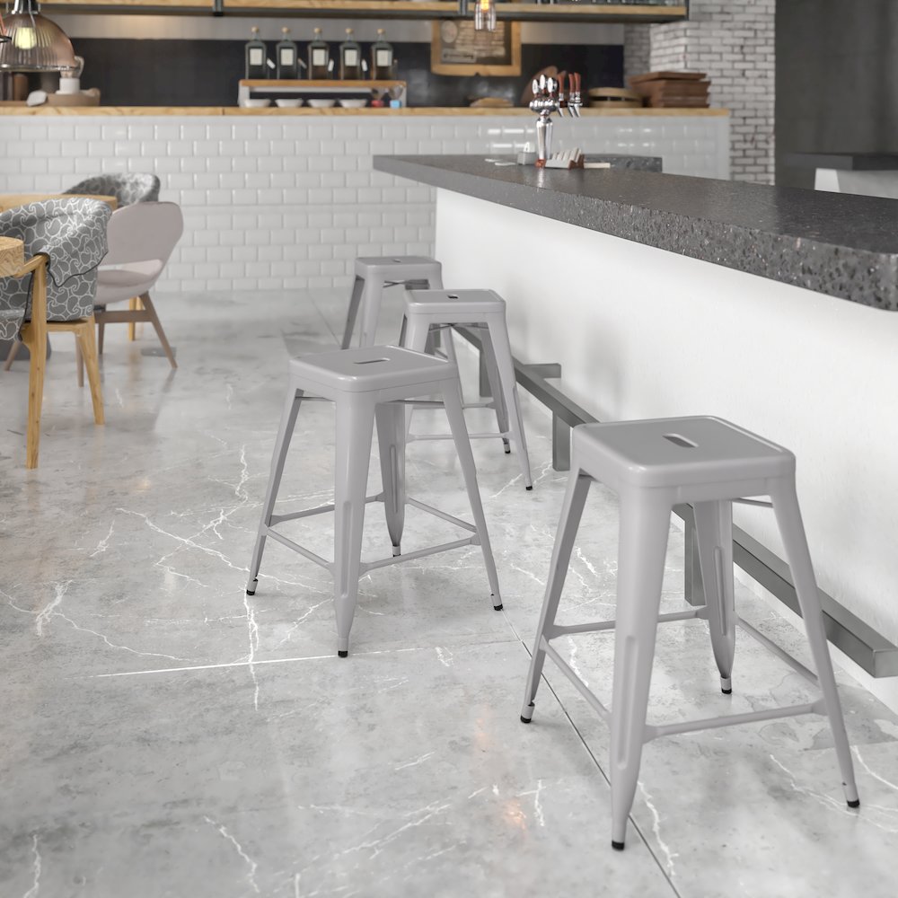 24" High Backless Silver Metal Indoor-Outdoor Counter Height Stool with Seat. Picture 2