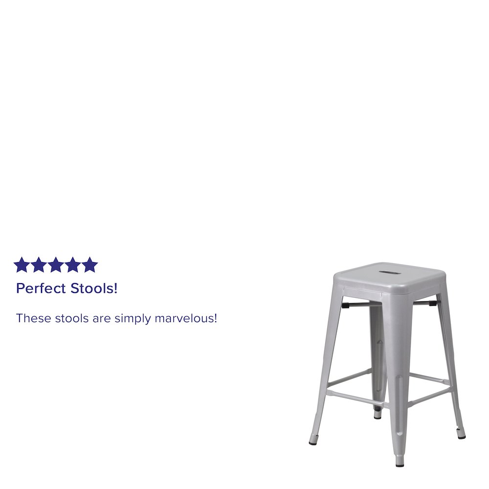 24" High Backless Silver Metal Indoor-Outdoor Counter Height Stool with Seat. Picture 4