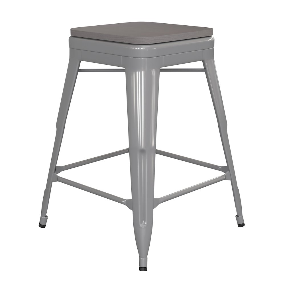 24" High Silver Metal Indoor-Counter Height Stool with Gray Poly Resin Wood Seat. Picture 1