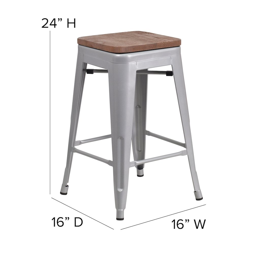 24" High Silver Metal Indoor-Counter Height Stool with Gray Poly Resin Wood Seat. Picture 5