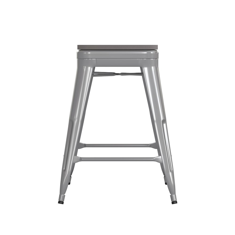 24" High Silver Metal Indoor-Counter Height Stool with Gray Poly Resin Wood Seat. Picture 10