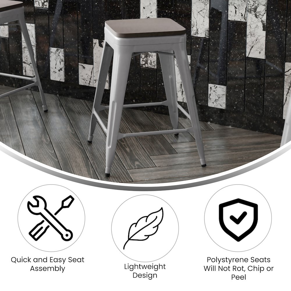 24" High Silver Metal Indoor-Counter Height Stool with Gray Poly Resin Wood Seat. Picture 4