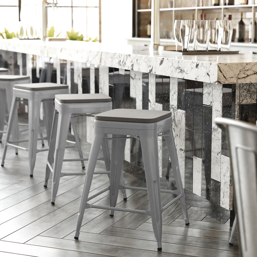 24" High Silver Metal Indoor-Counter Height Stool with Gray Poly Resin Wood Seat. Picture 2