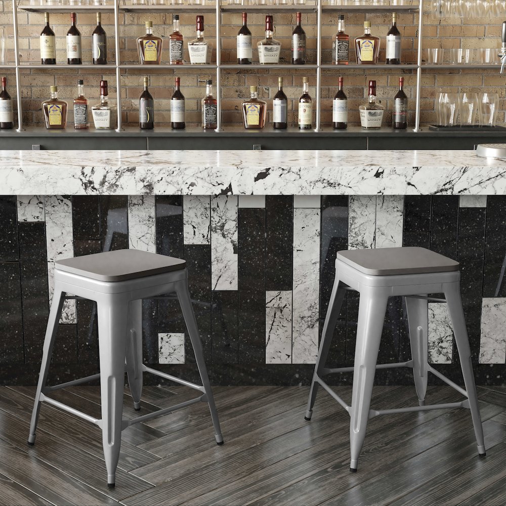 24" High Silver Metal Indoor-Counter Height Stool with Gray Poly Resin Wood Seat. Picture 7