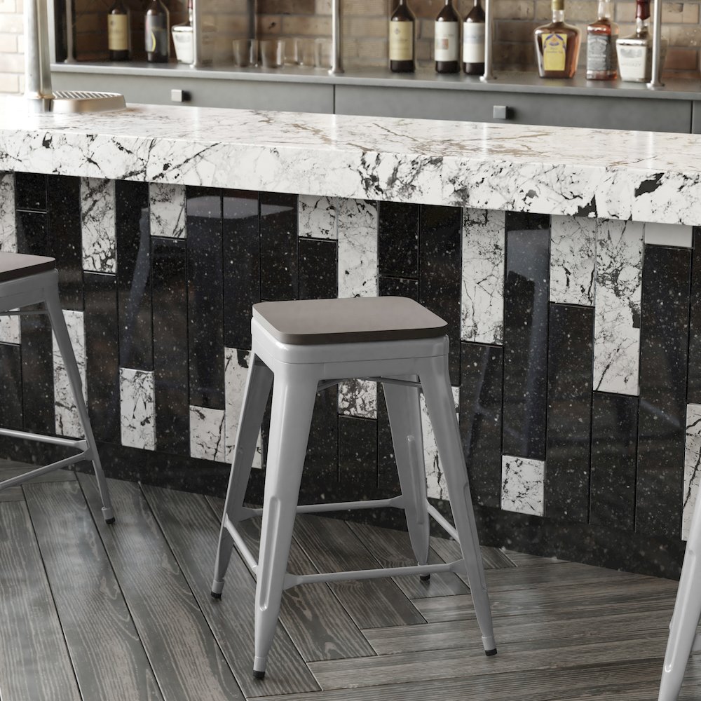24" High Silver Metal Indoor-Counter Height Stool with Gray Poly Resin Wood Seat. Picture 8