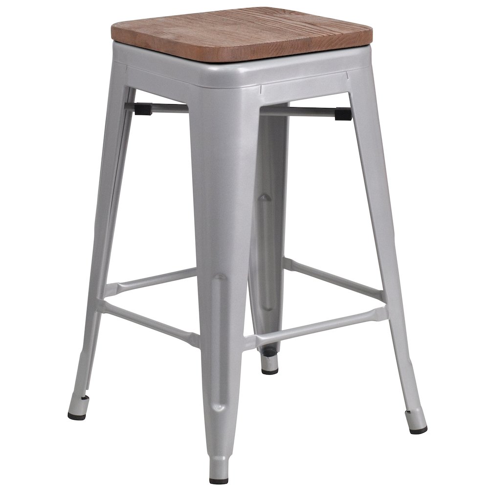 24" High Backless Silver Metal Counter Height Stool with Square Wood Seat. Picture 1
