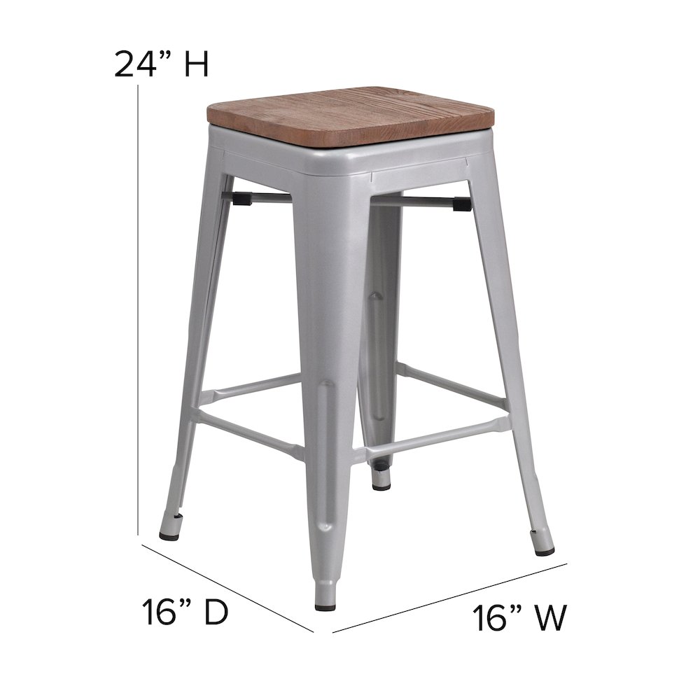 24" High Backless Silver Metal Counter Height Stool with Square Wood Seat. Picture 6