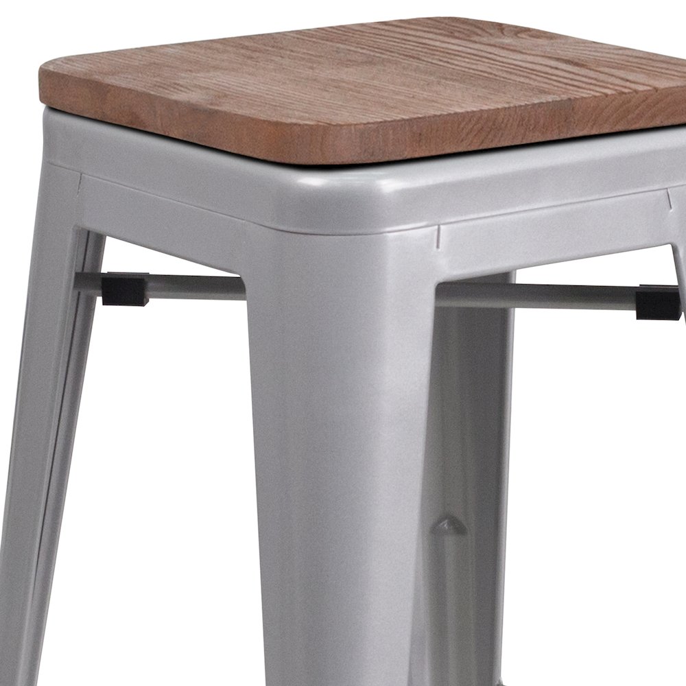24" High Backless Silver Metal Counter Height Stool with Square Wood Seat. Picture 10