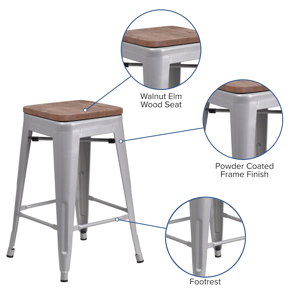 24" High Backless Silver Metal Counter Height Stool with Square Wood Seat. Picture 5