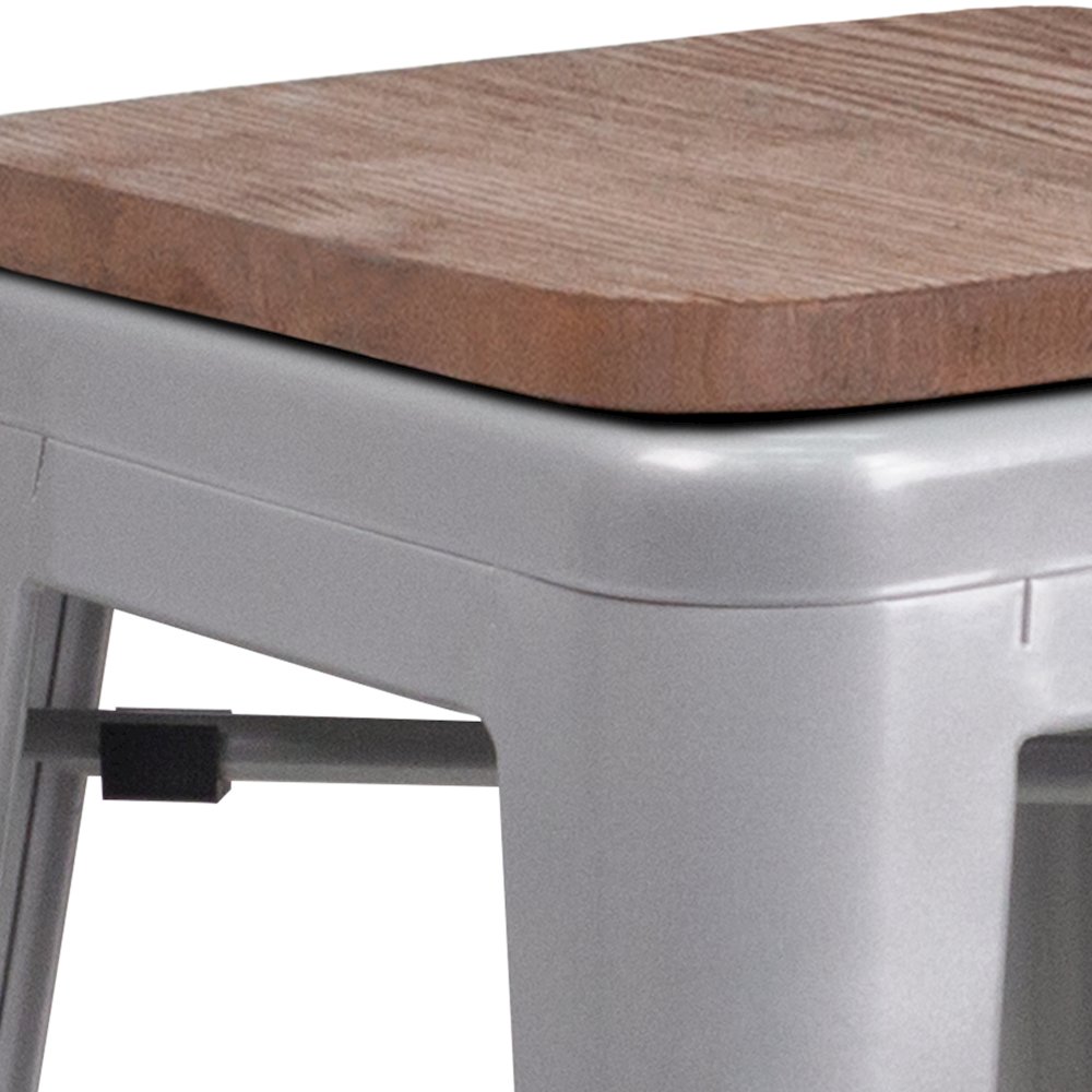 24" High Backless Silver Metal Counter Height Stool with Square Wood Seat. Picture 7