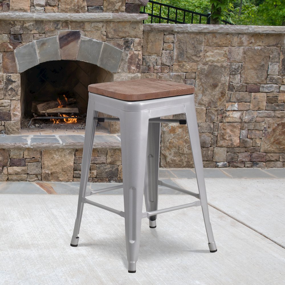 24" High Backless Silver Metal Counter Height Stool with Square Wood Seat. Picture 2