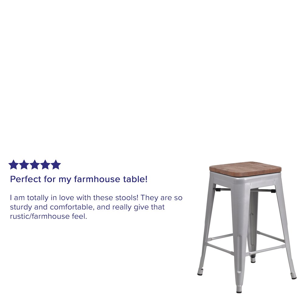 24" High Backless Silver Metal Counter Height Stool with Square Wood Seat. Picture 4