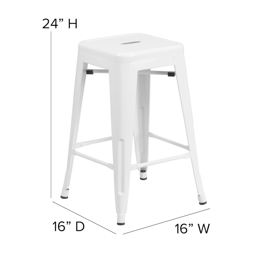 24" High Backless White Metal Indoor-Outdoor Counter Height Stool with Seat. Picture 6
