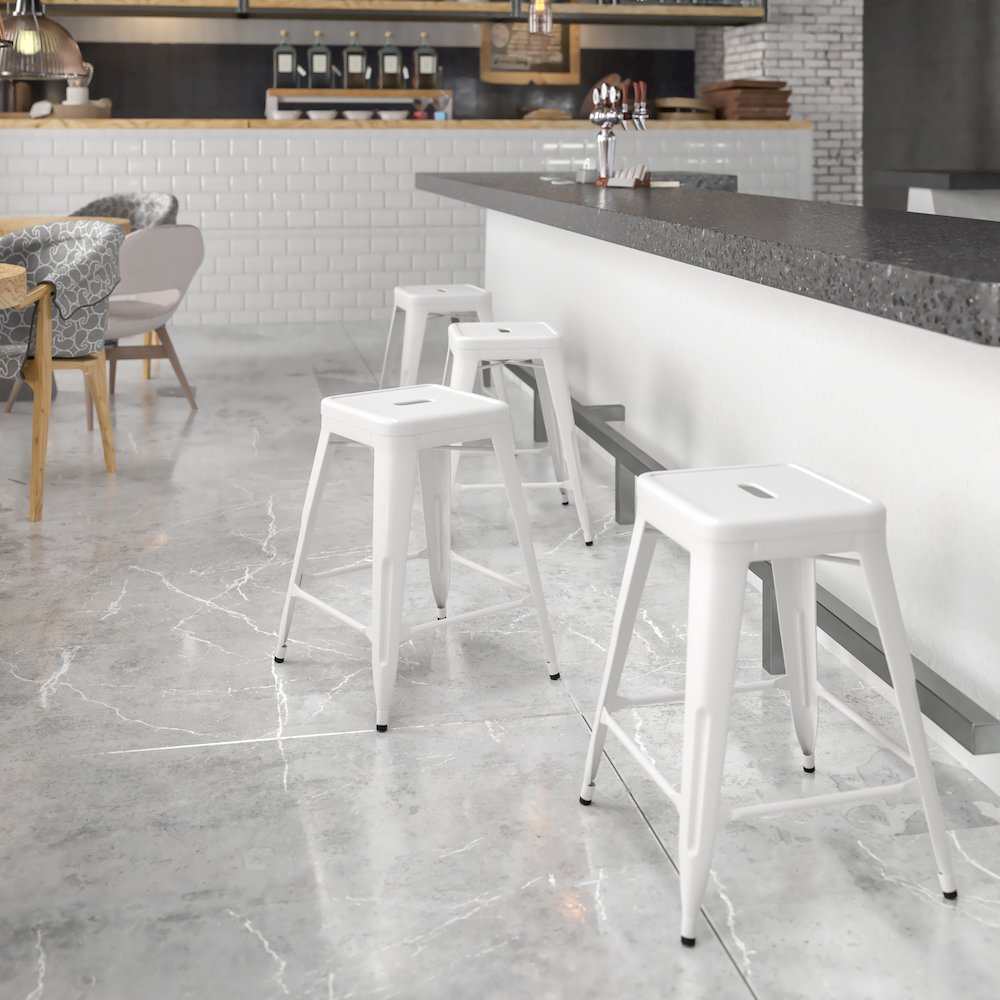 24" High Backless White Metal Indoor-Outdoor Counter Height Stool with Seat. Picture 2