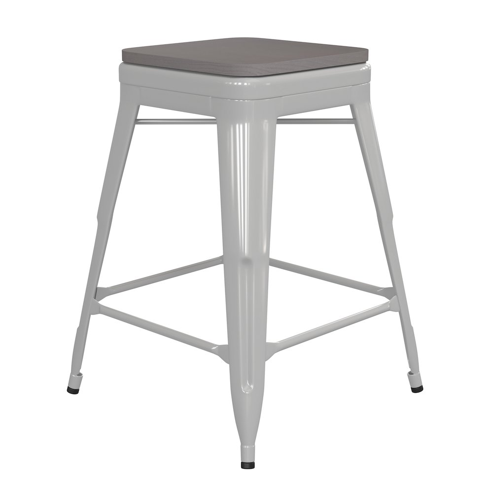 24" High White Metal Indoor-Counter Height Stool with Gray Poly Resin Wood Seat. Picture 1