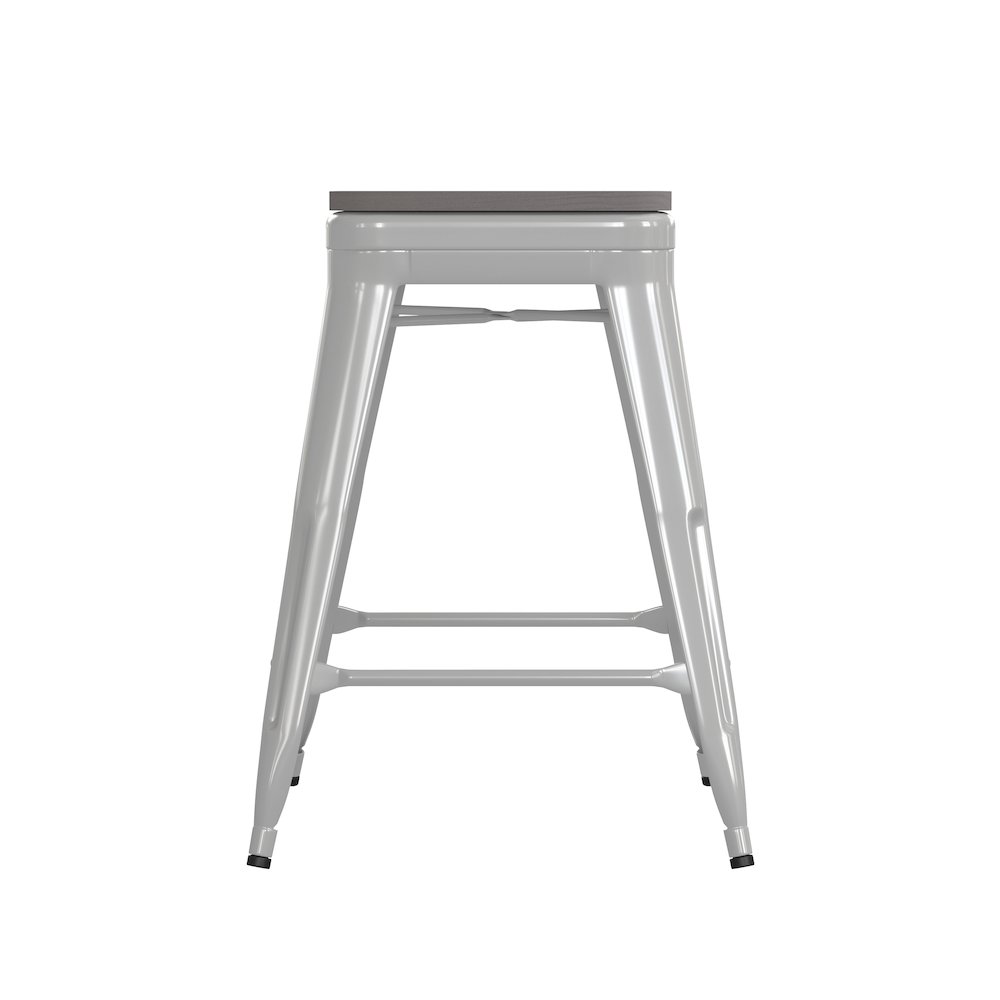 24" High White Metal Indoor-Counter Height Stool with Gray Poly Resin Wood Seat. Picture 10