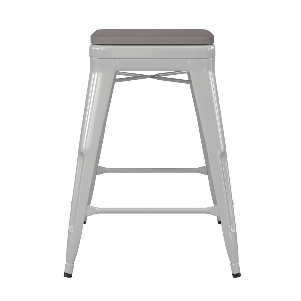 24" High White Metal Indoor-Counter Height Stool with Gray Poly Resin Wood Seat. Picture 9