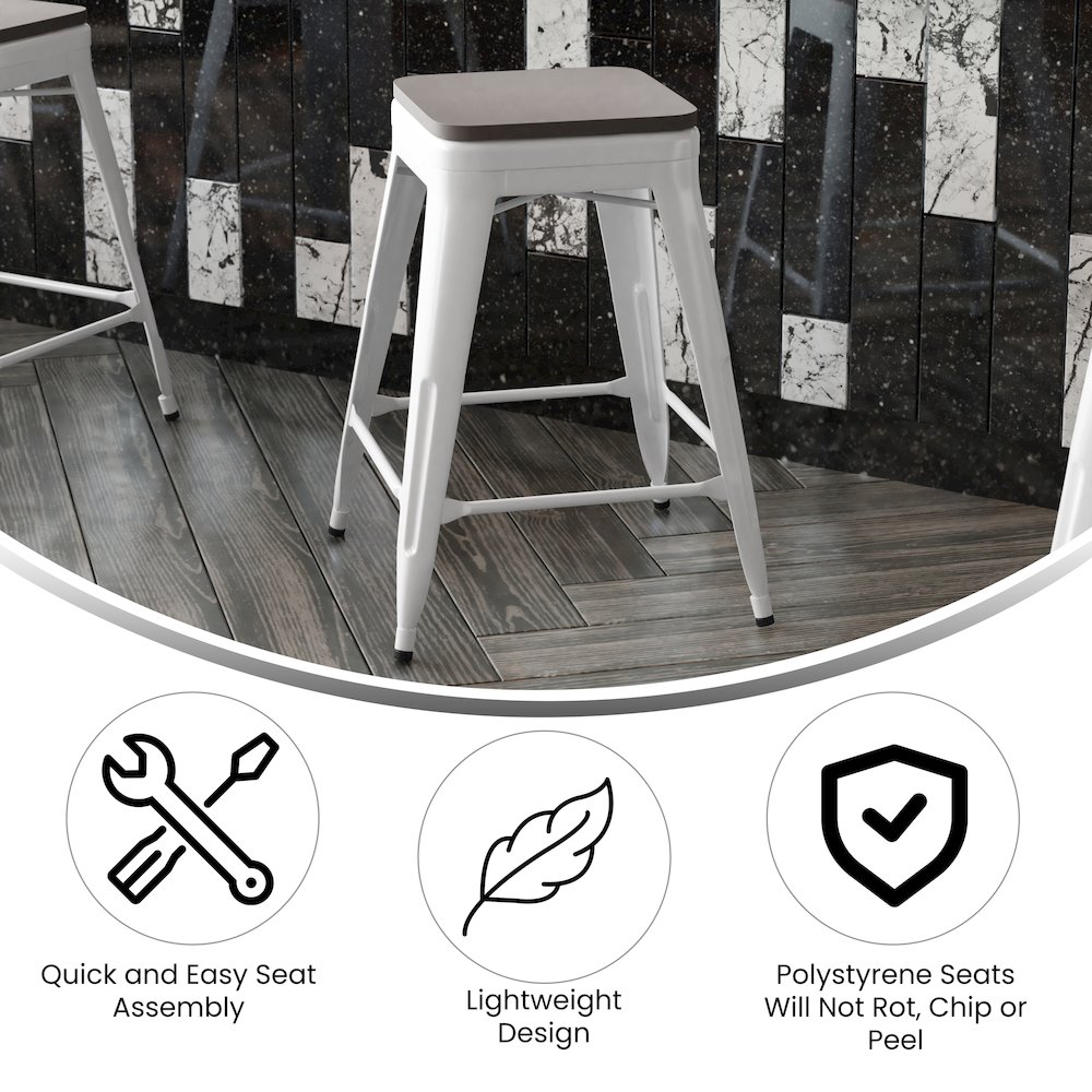 24" High White Metal Indoor-Counter Height Stool with Gray Poly Resin Wood Seat. Picture 4