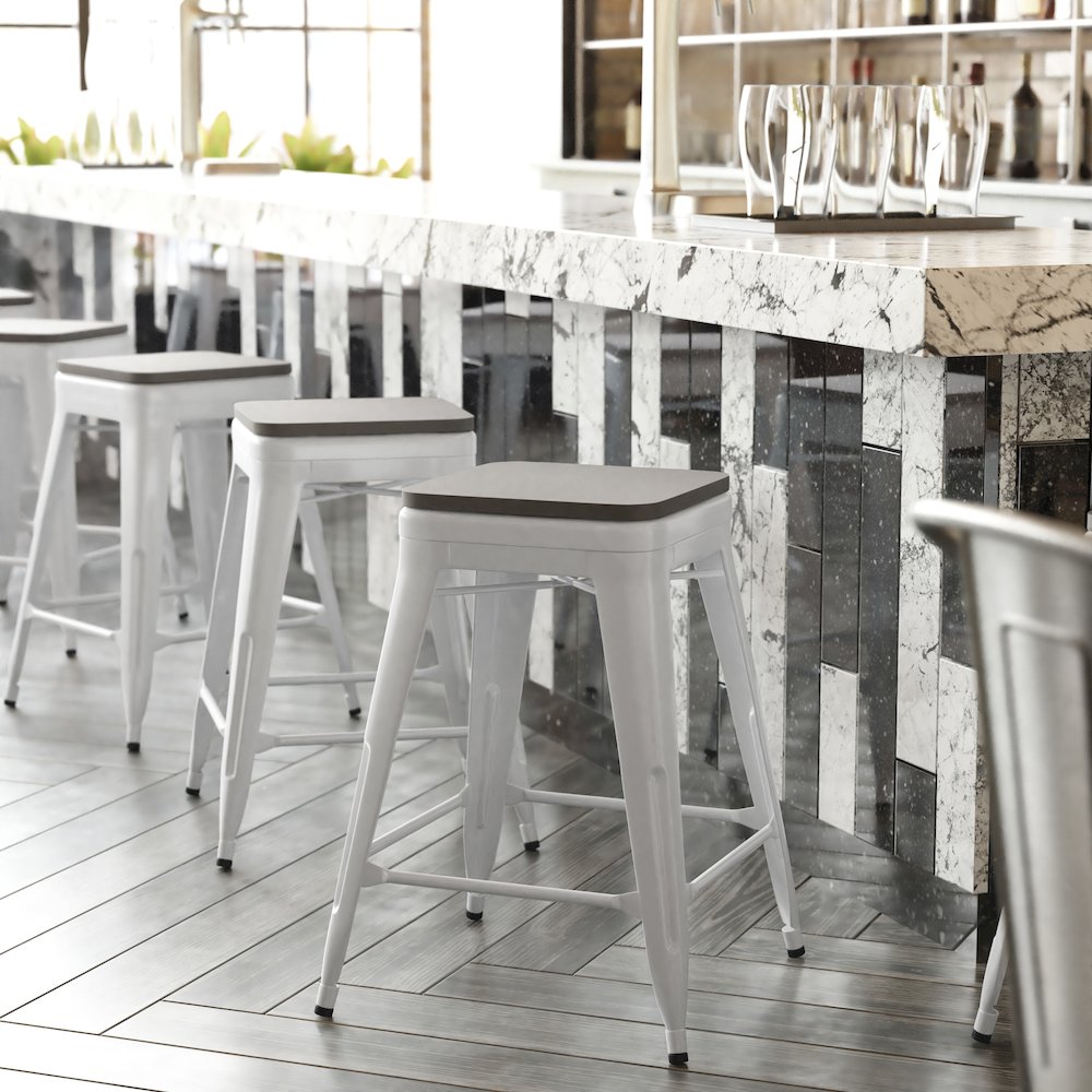 24" High White Metal Indoor-Counter Height Stool with Gray Poly Resin Wood Seat. Picture 2