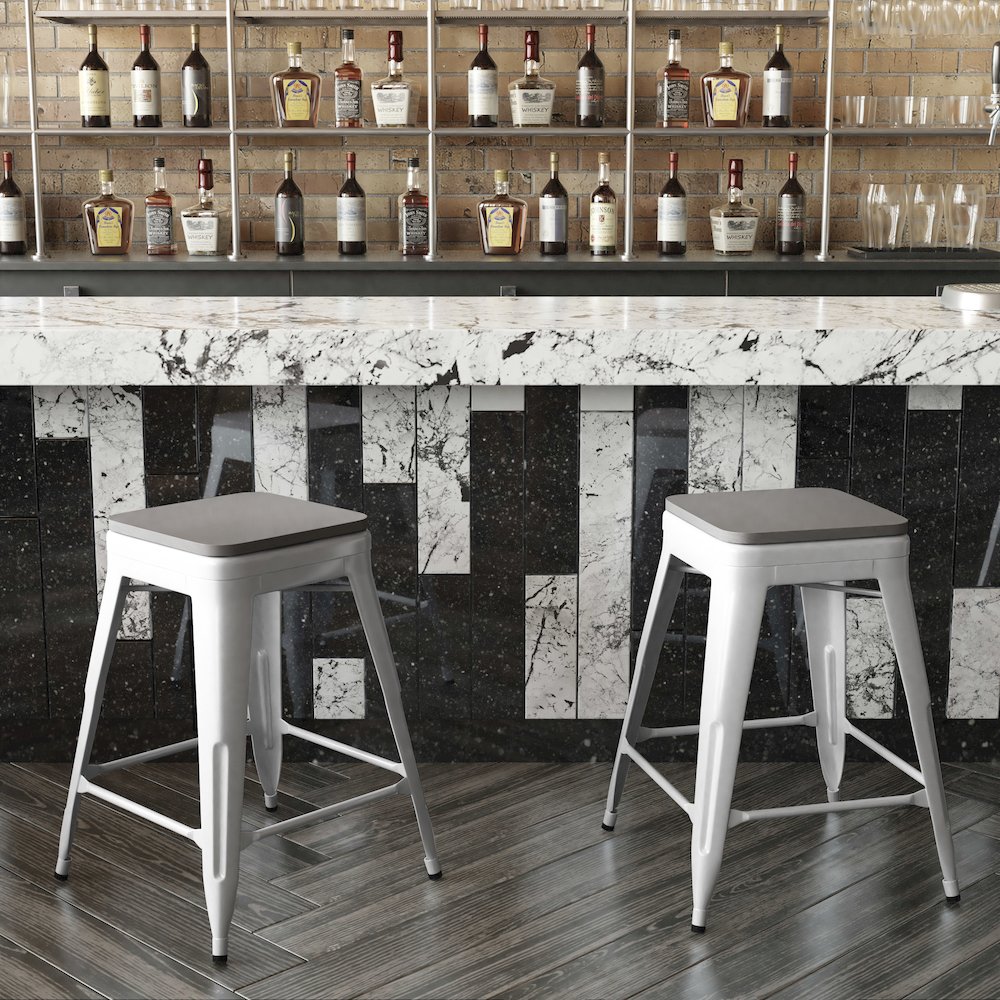 24" High White Metal Indoor-Counter Height Stool with Gray Poly Resin Wood Seat. Picture 7